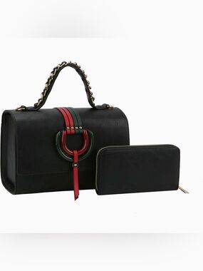 Black Top-Handle Satchel with Red and Green Accent